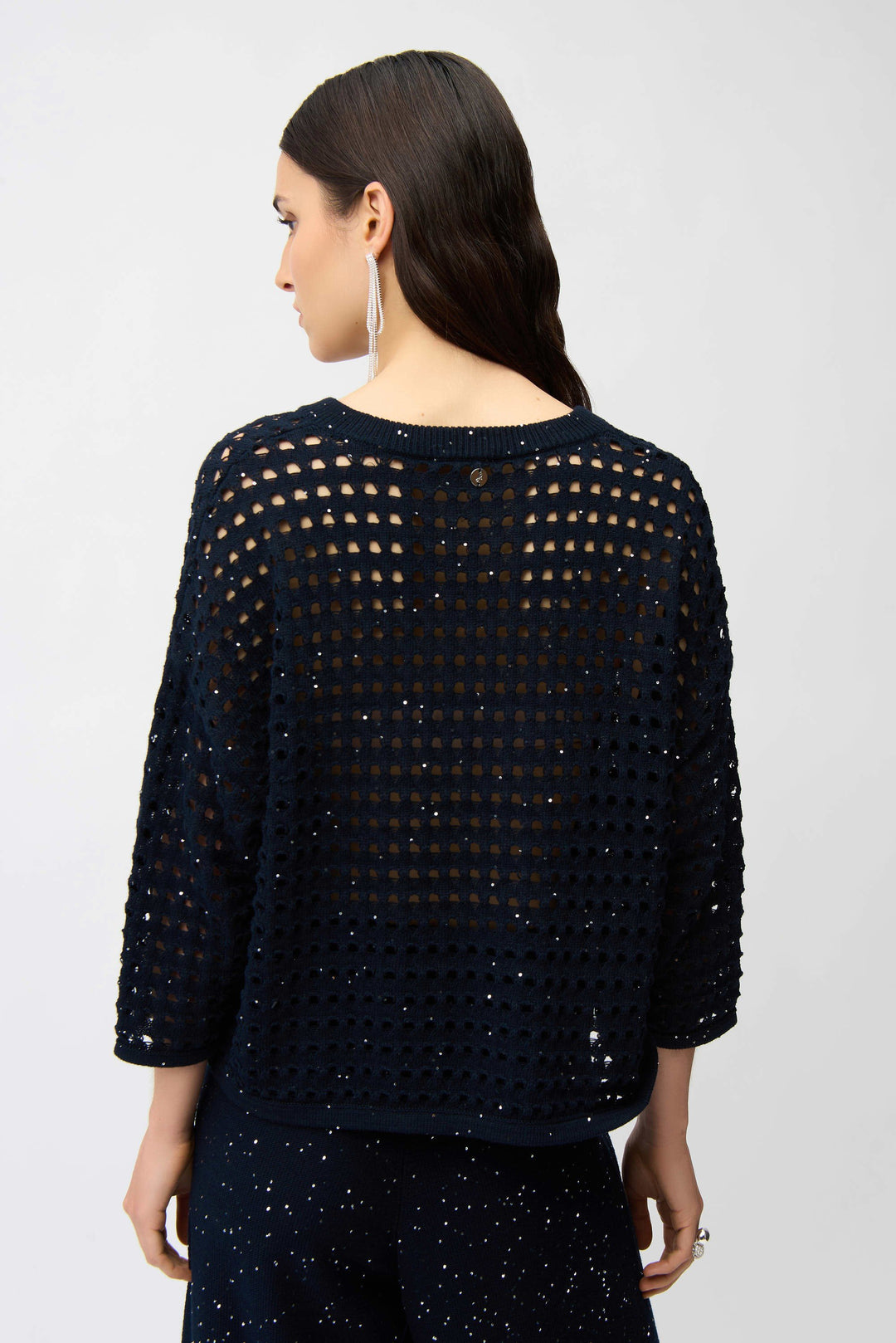Cotton Blend Open Stitch Boxy Sweater in Navy