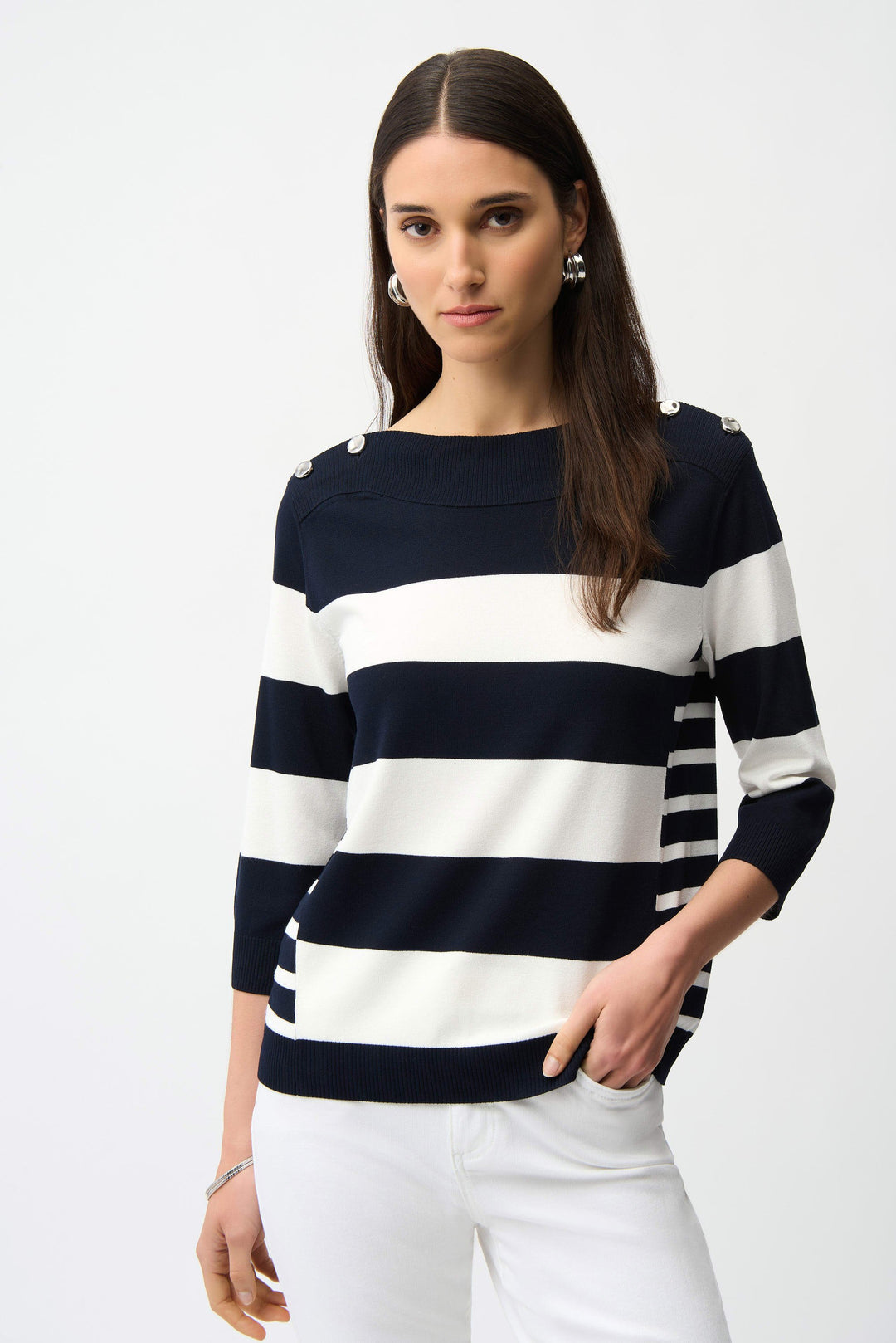 Viscose Blend Stripe Print Long Sleeve Sweater with Boat Neckline in Navy