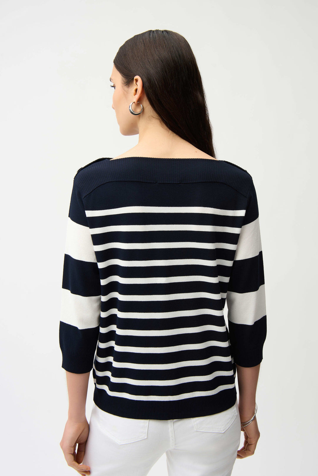 Viscose Blend Stripe Print Long Sleeve Sweater with Boat Neckline in Navy