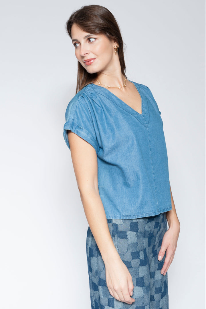 Linen V-Neck Top Medium Denim