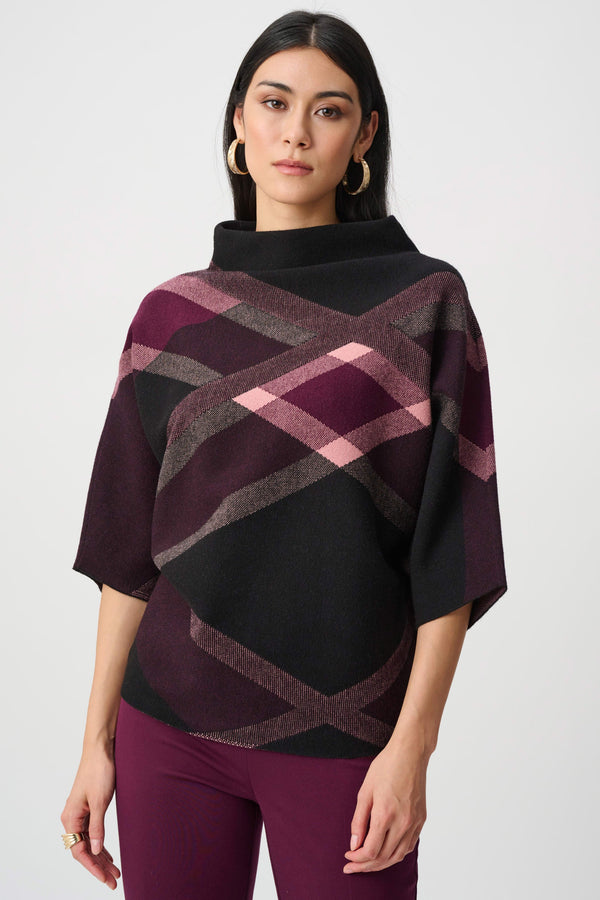 Plaid Funnel Neck Sweater Black