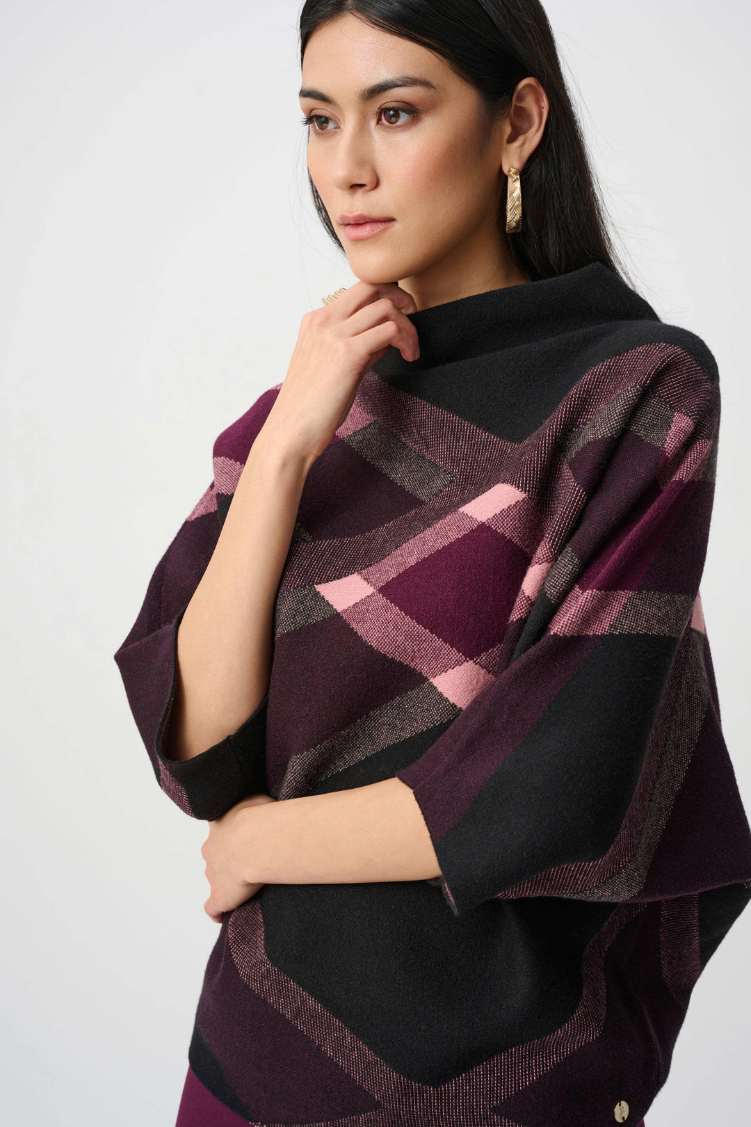Plaid Funnel Neck Sweater Black