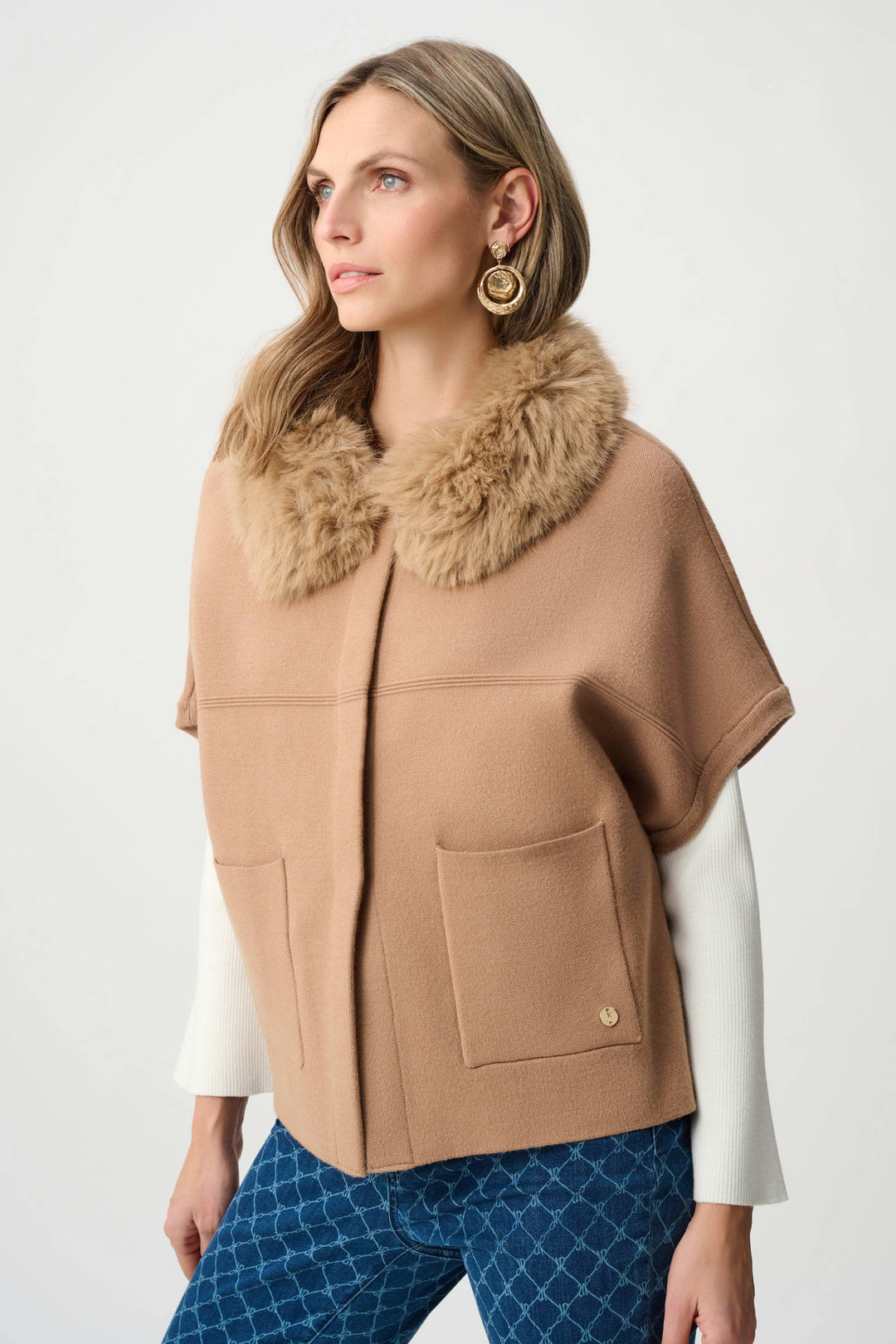 Sweater Jacket Detachable Faux Fur Collar Camel