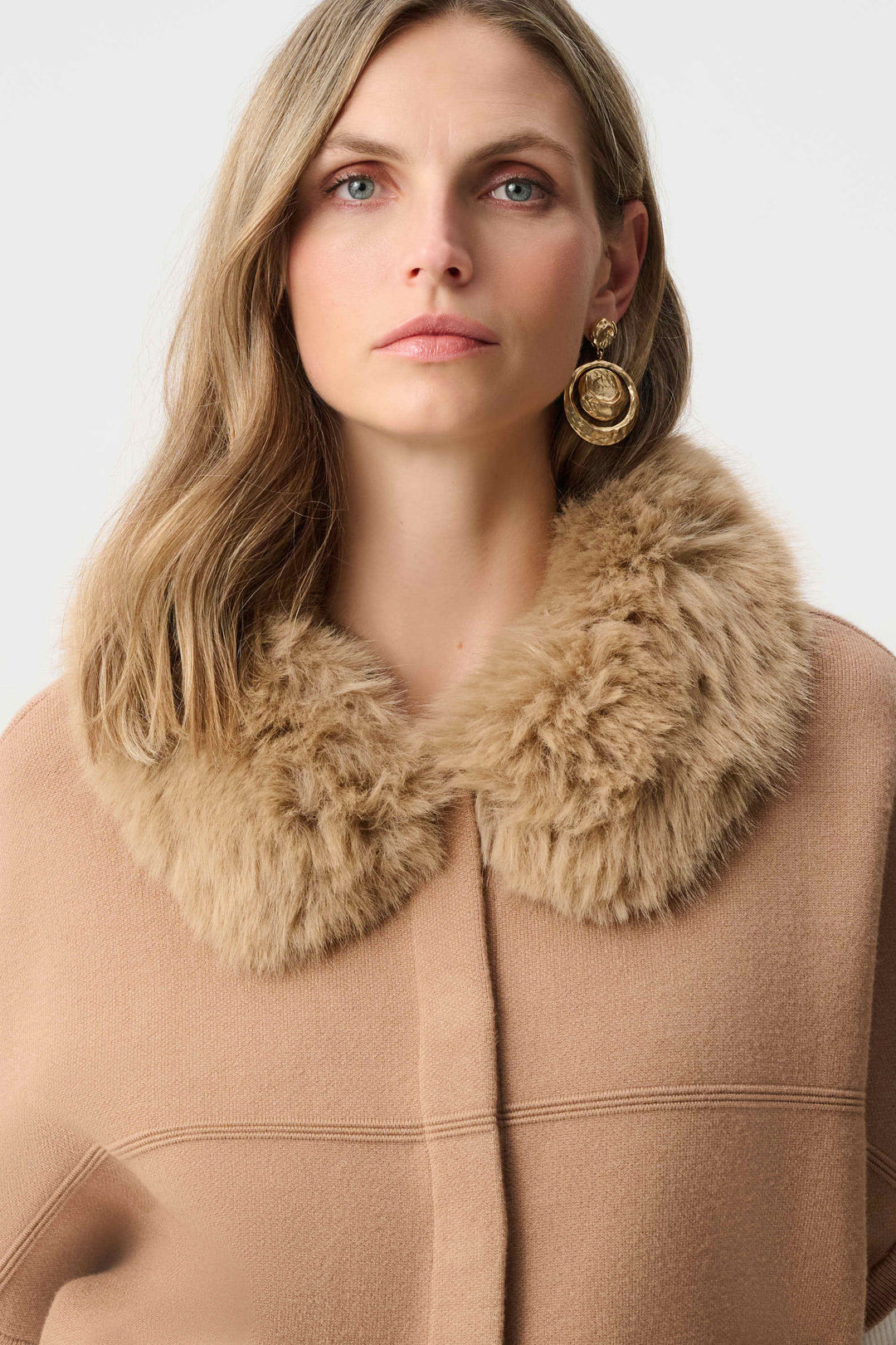 Sweater Jacket Detachable Faux Fur Collar Camel
