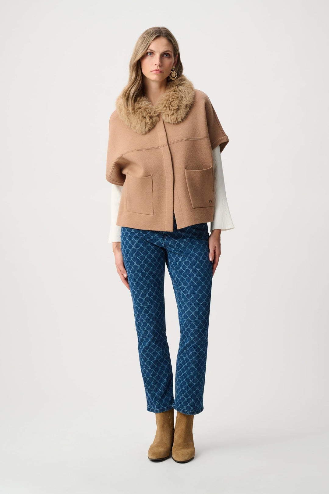 Sweater Jacket Detachable Faux Fur Collar Camel