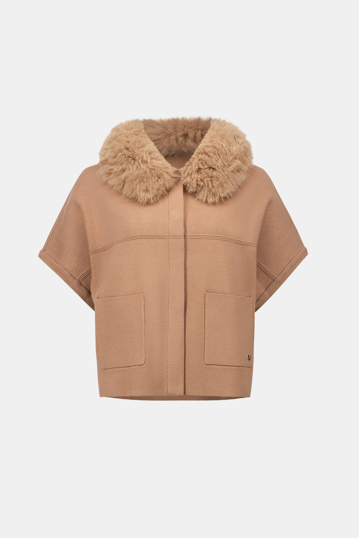 Sweater Jacket Detachable Faux Fur Collar Camel