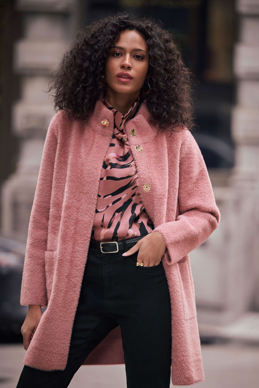 Feather Yarn Mock Neck Coat Rose