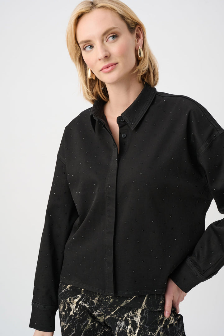 Denim Crop Crystal Shirt Black
