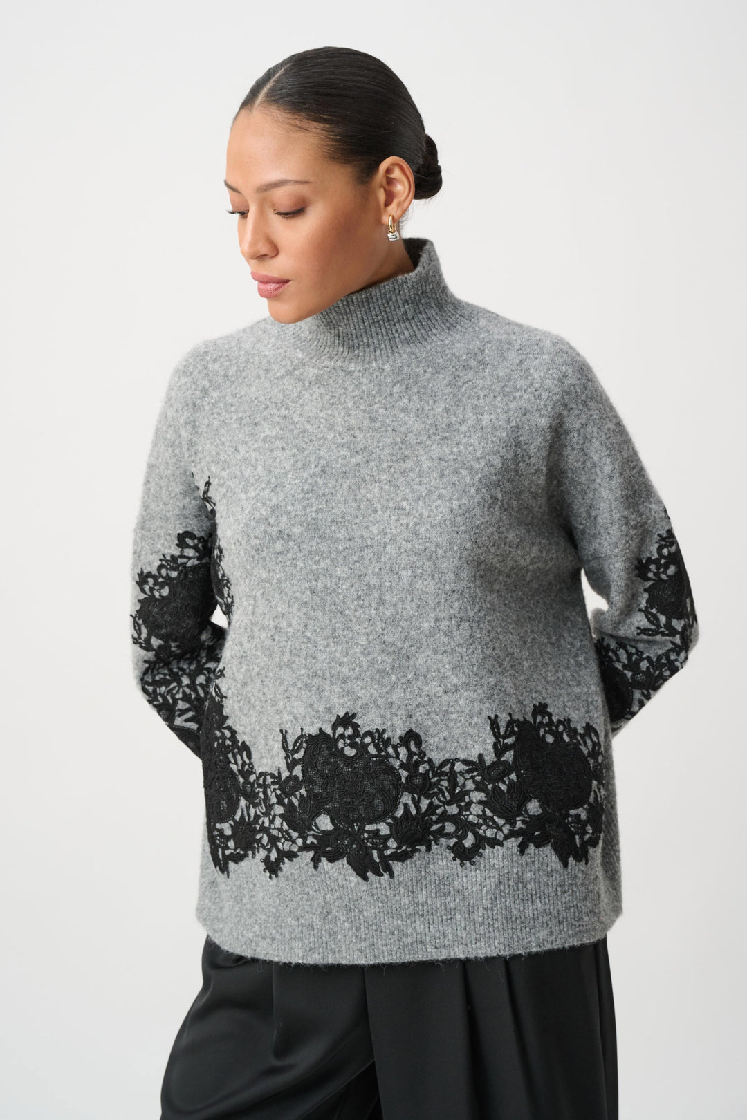 Lace Applique Mock Neck Sweater Grey