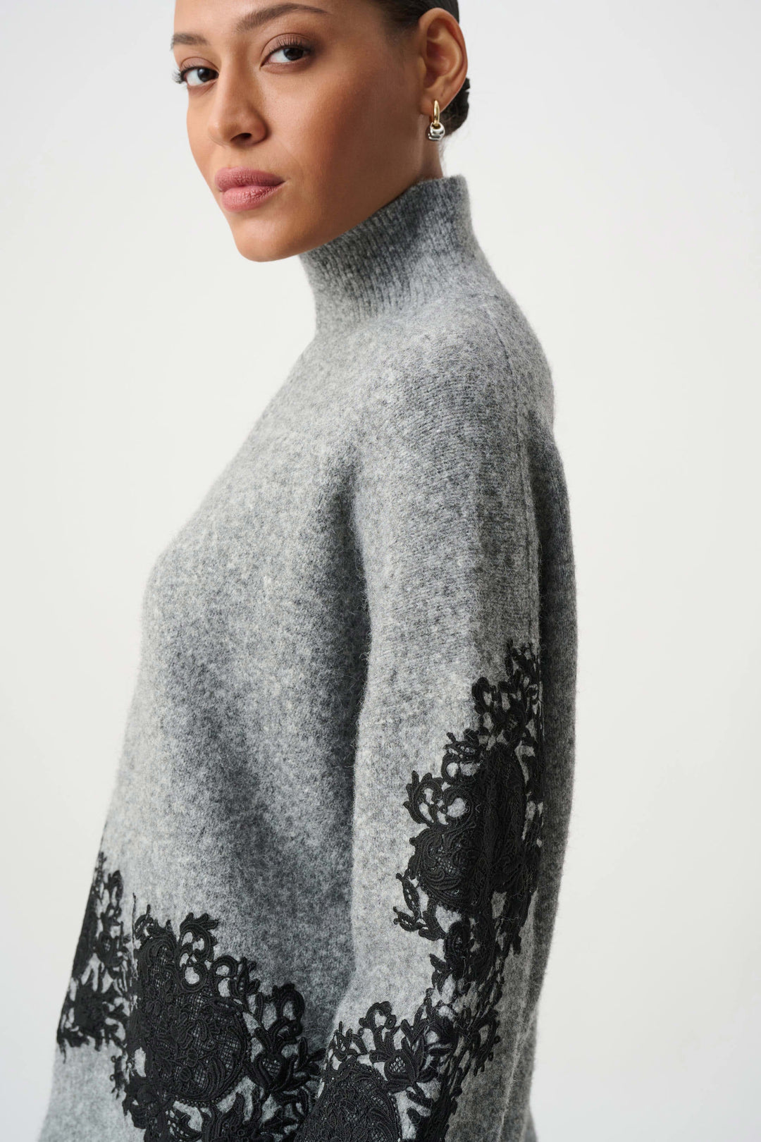 Lace Applique Mock Neck Sweater Grey