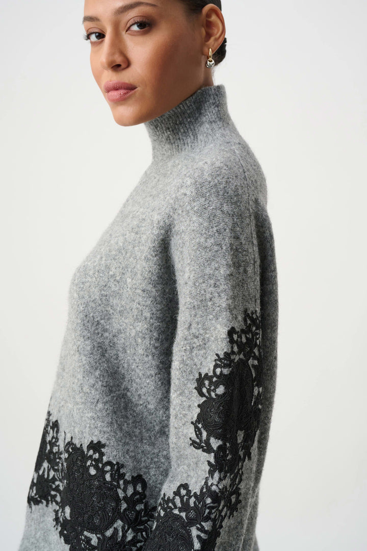 Lace Applique Mock Neck Sweater Grey