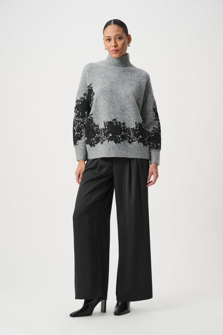 Lace Applique Mock Neck Sweater Grey