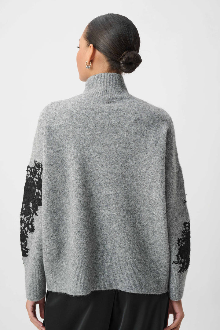 Lace Applique Mock Neck Sweater Grey