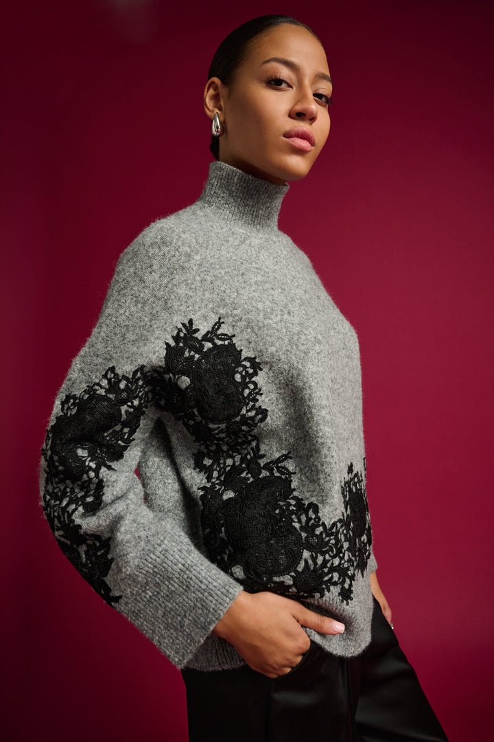 Lace Applique Mock Neck Sweater Grey