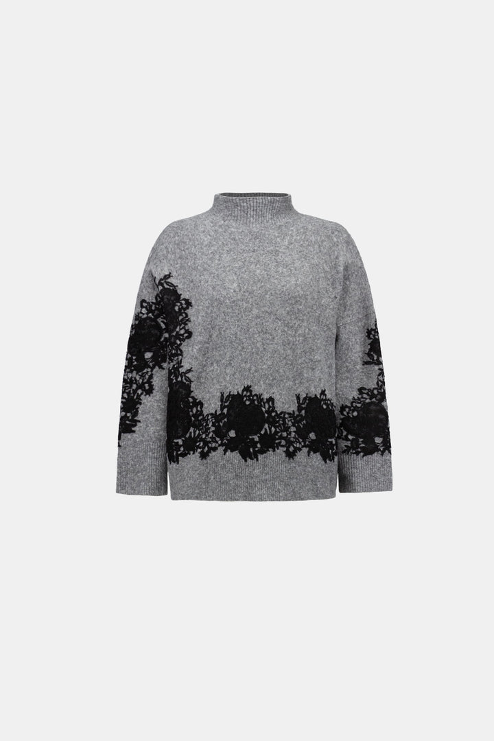 Lace Applique Mock Neck Sweater Grey