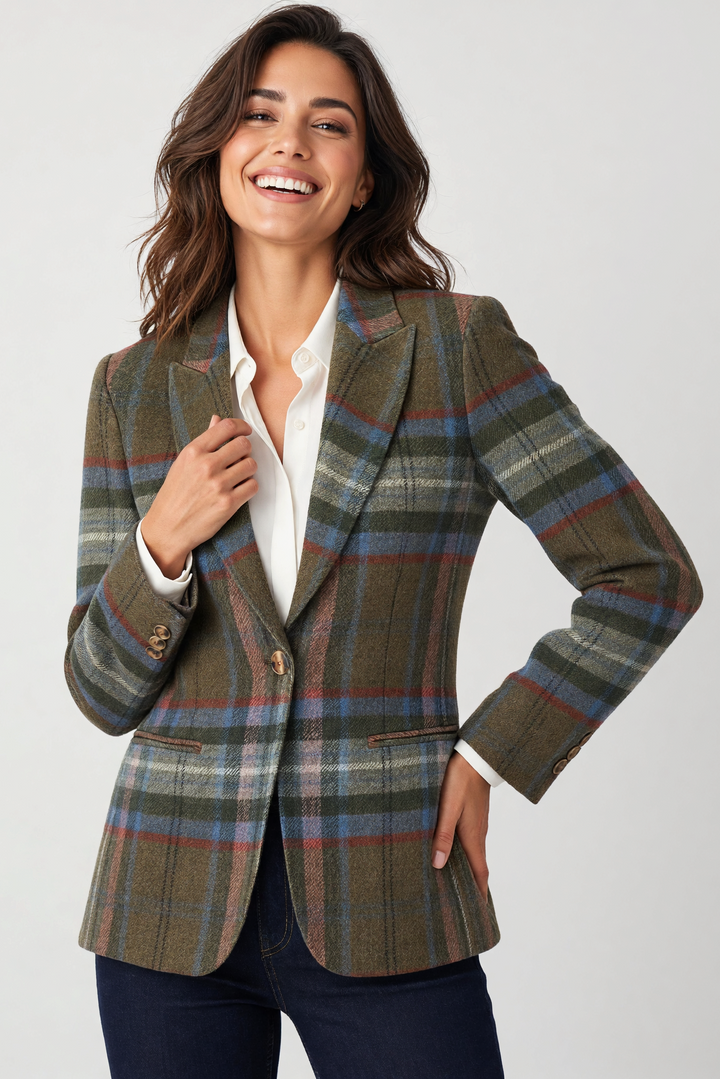A woman modeling a classic plaid blazer in earthy brown, green, and blue tones, worn over a white collared shirt and dark blue jeans against a light gray studio background.