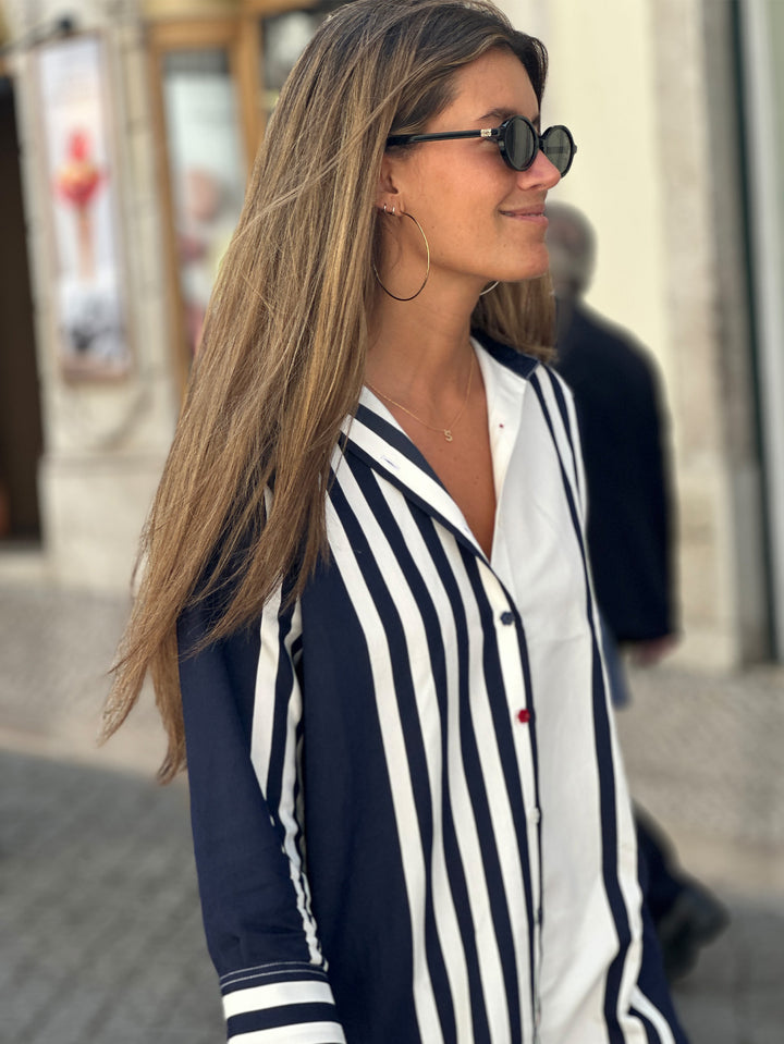 Stripe Elbow Sleeve Dress Navy