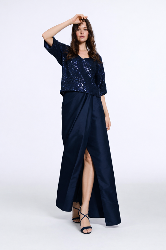 SOFT TAFFETA FAUX WRAP SKIRT NAVY