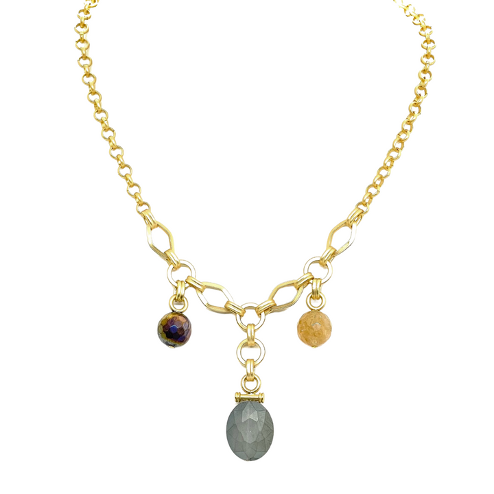 Three Charm Necklace With Matte Olive Crystal, Citrine, & Tiger Eye