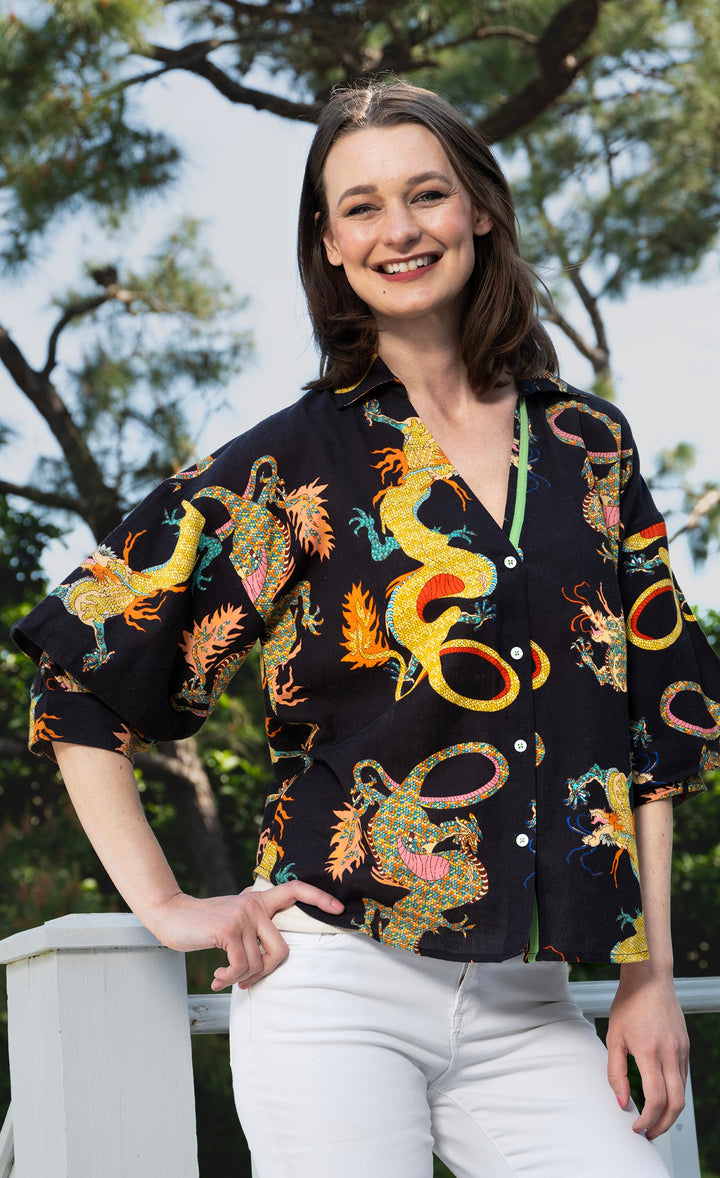 Milano Top Black Dragon Print