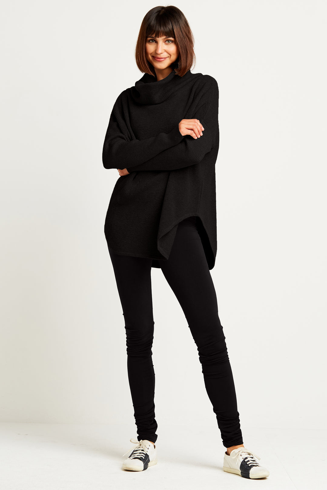 Pima Cotton Waffle Cowl Sweater in Black