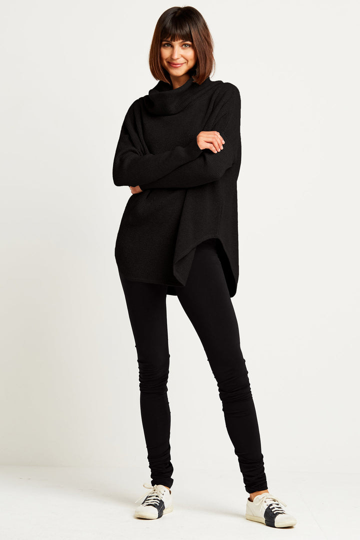 Pima Cotton Waffle Cowl Sweater in Black