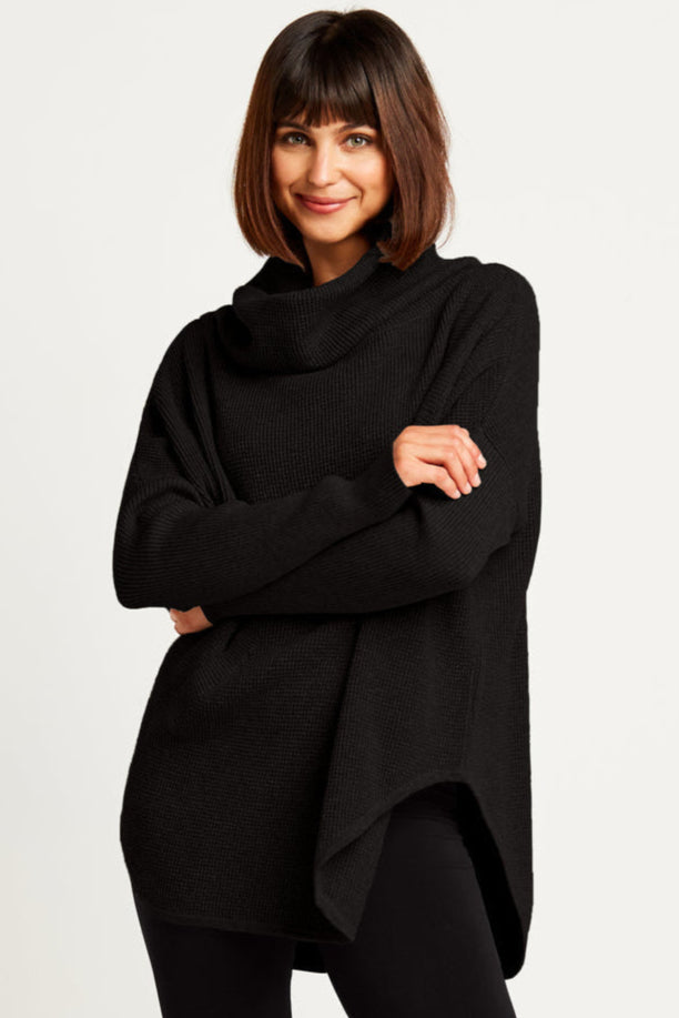 Pima Cotton Waffle Cowl Sweater in Black