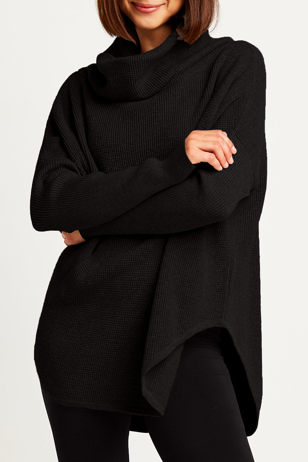 Pima Cotton Waffle Cowl Sweater in Black