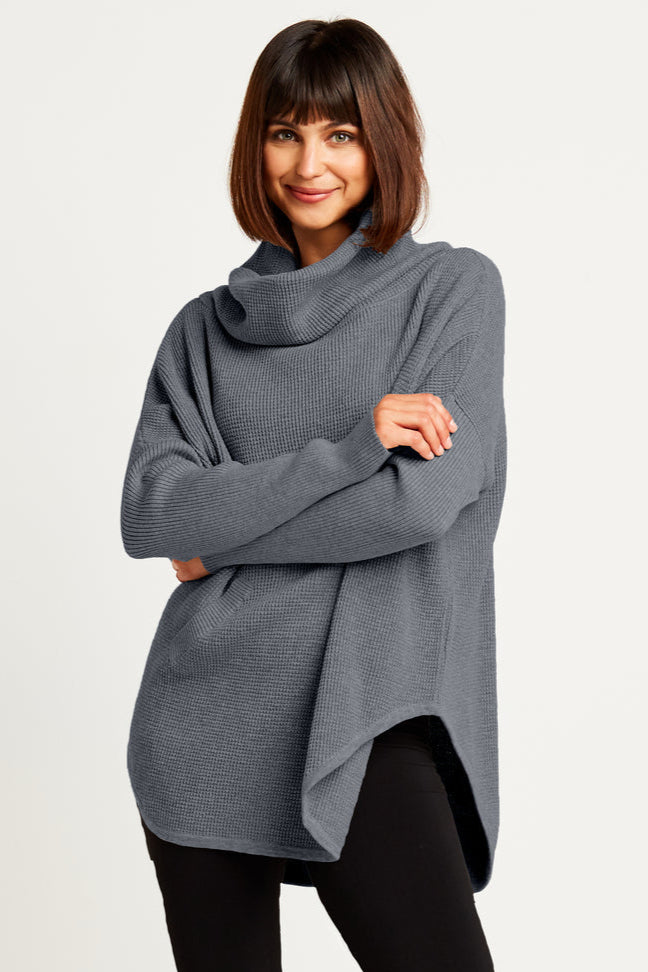 Pima Cotton Waffle Cowl Sweater in Lava