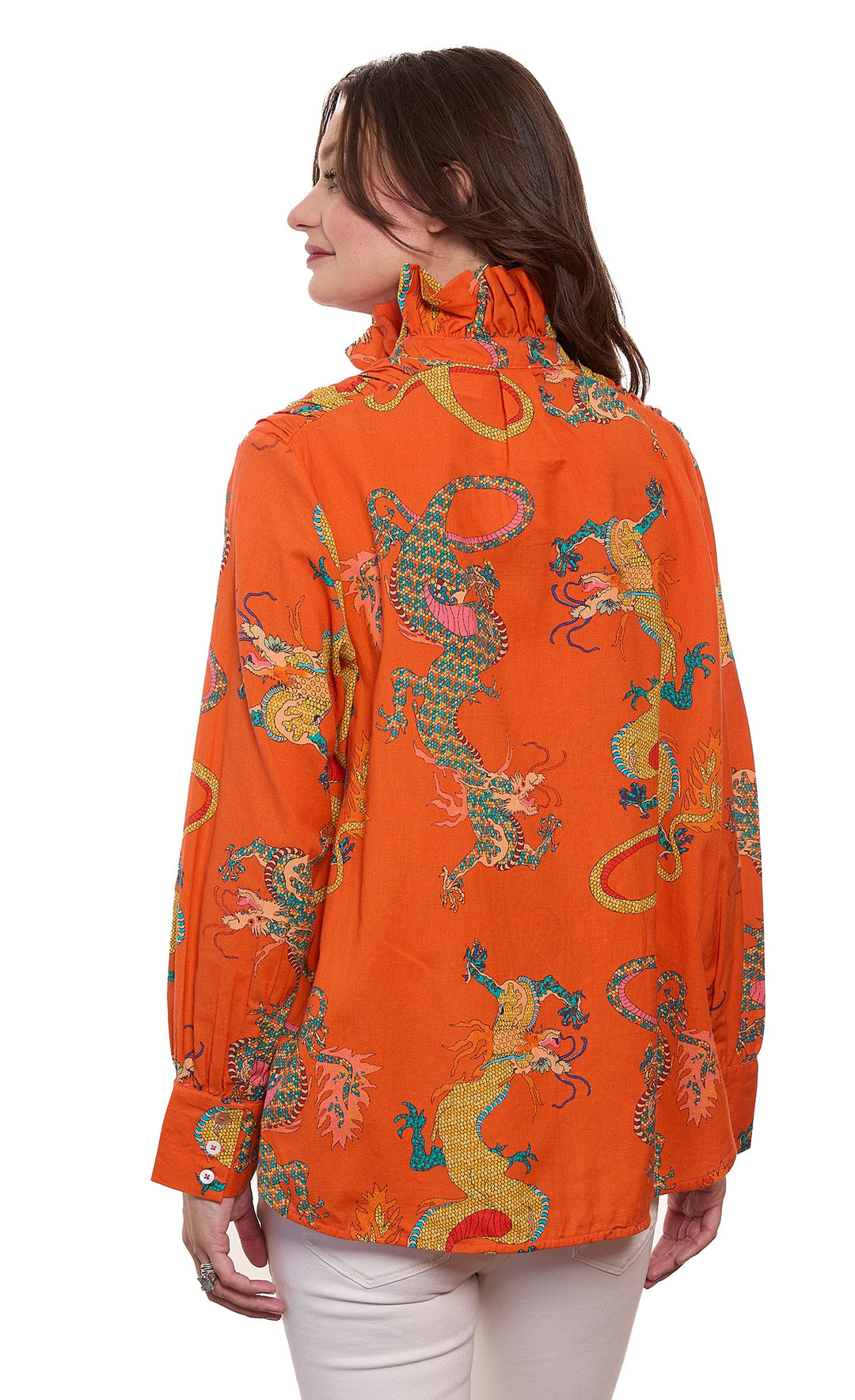 Sun Valley Oversized Shirt with Ruffle Collar Orange Dragon Print Cotton Linen