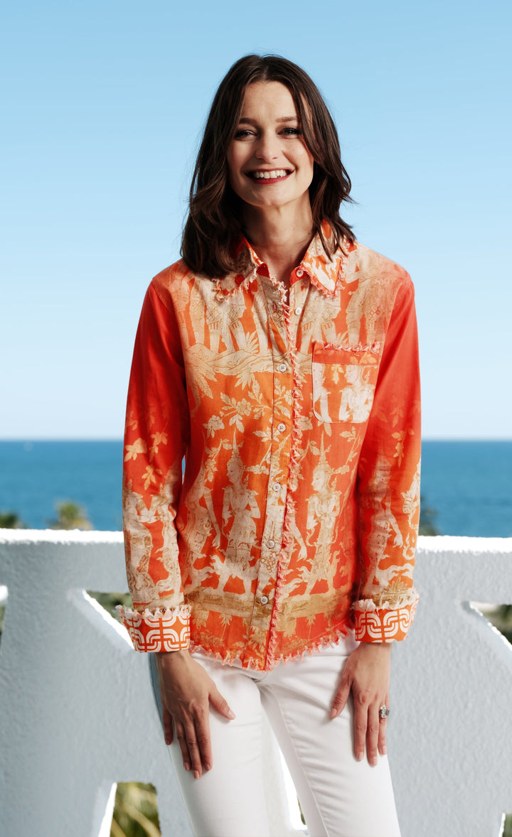 Cape Cod Top Orange Gold Thai Dancers Print Cotton Linen