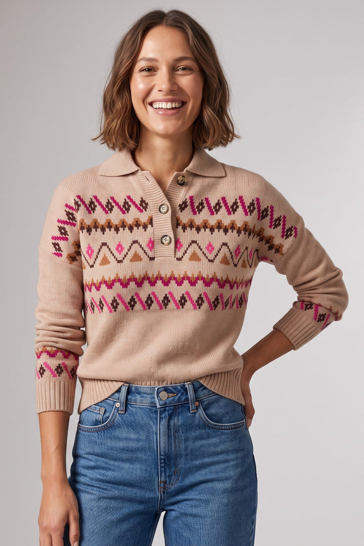 Fairisle Button Polo Almond