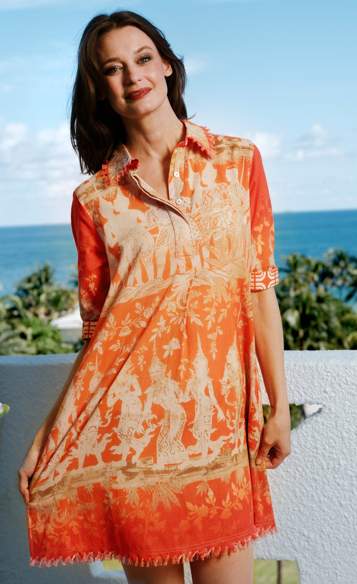 Chatham Dress Thai Dancers Orange and Gold Cotton Linen
