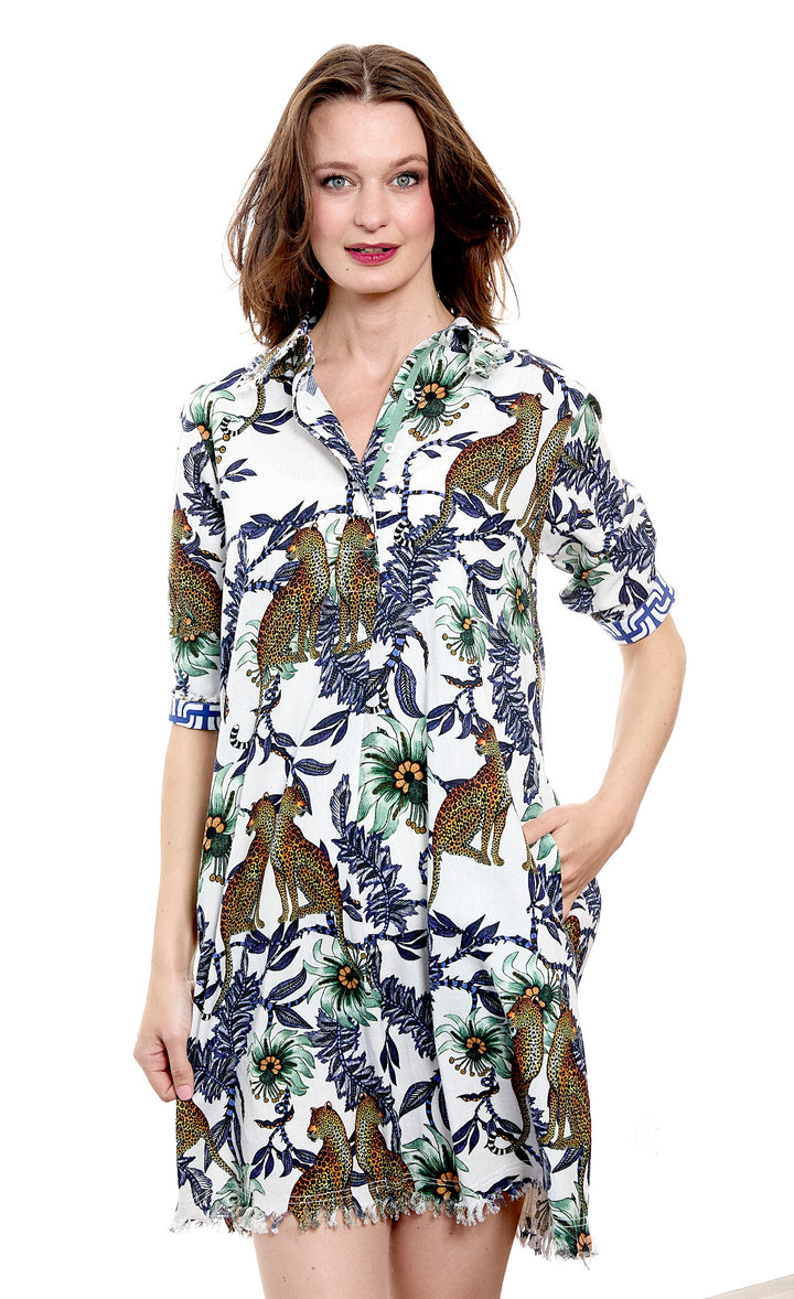 Chatham Dress Cheetahs and Flowers Print On Cotton Linen