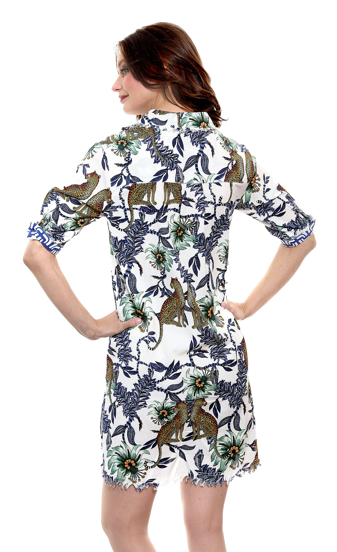 Chatham Dress Cheetahs and Flowers Print On Cotton Linen