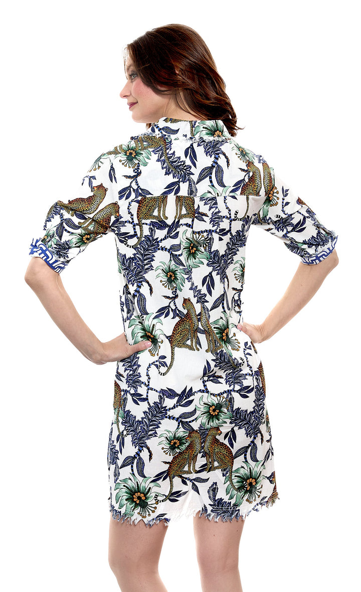 Chatham Dress Cheetahs and Flowers Print On Cotton Linen