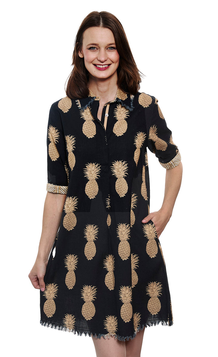 Chatham Dress Black and Gold Pineapple Print On Cotton Linen