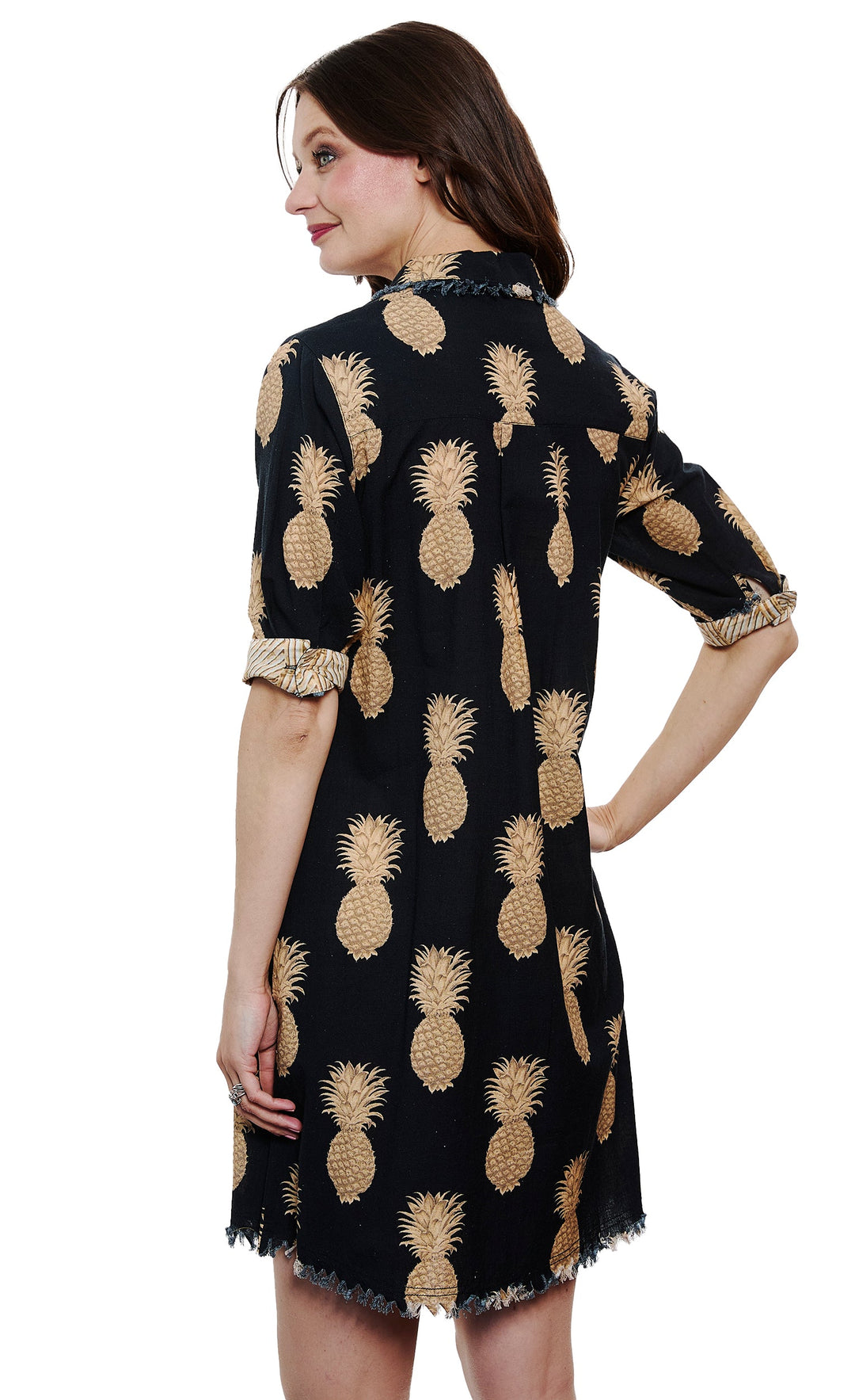 Chatham Dress Black and Gold Pineapple Print On Cotton Linen