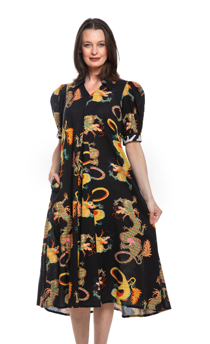 Montauk Dress Black Dragon Print