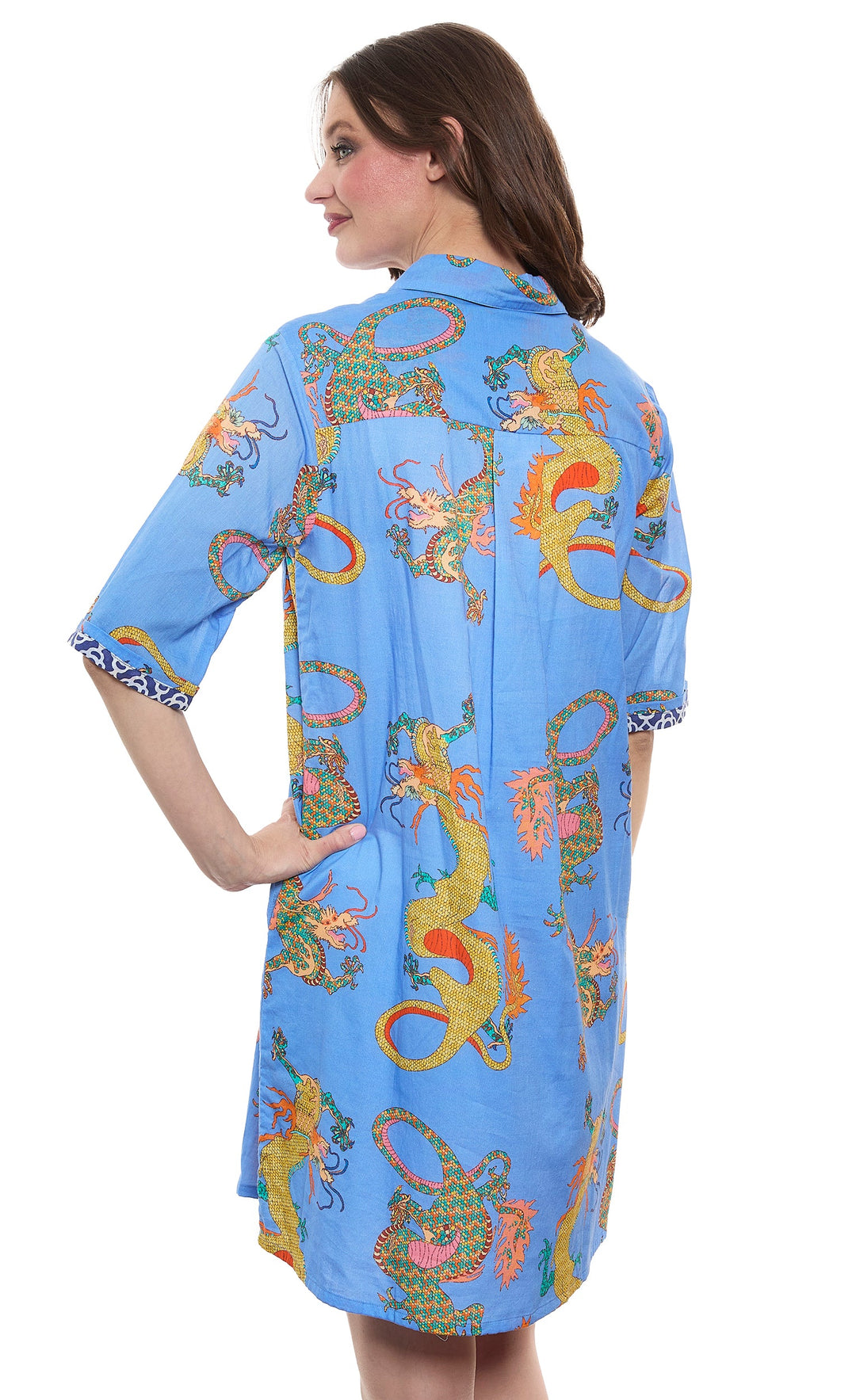 Monterey Dress French Blue Ground Dragon Print On Cotton Voile