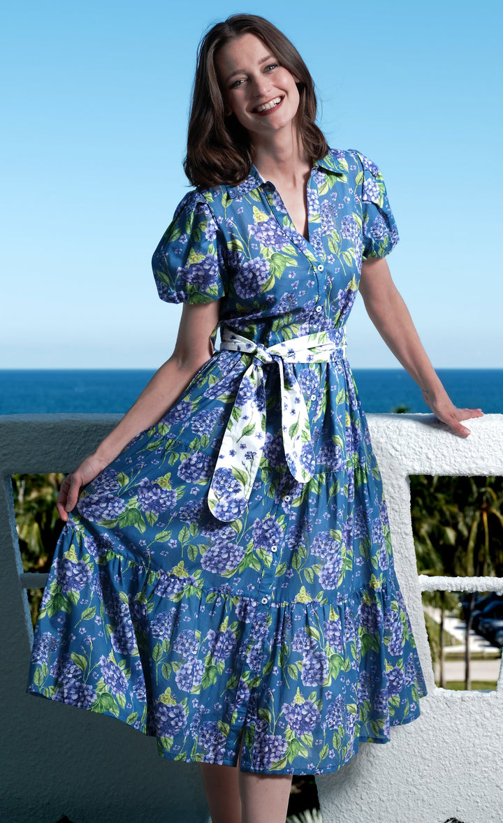 Litchfield Dress Navy Ground Hydrangea Print-DRESSES-DIZZY-LIZZIE-Just Perfect Collection