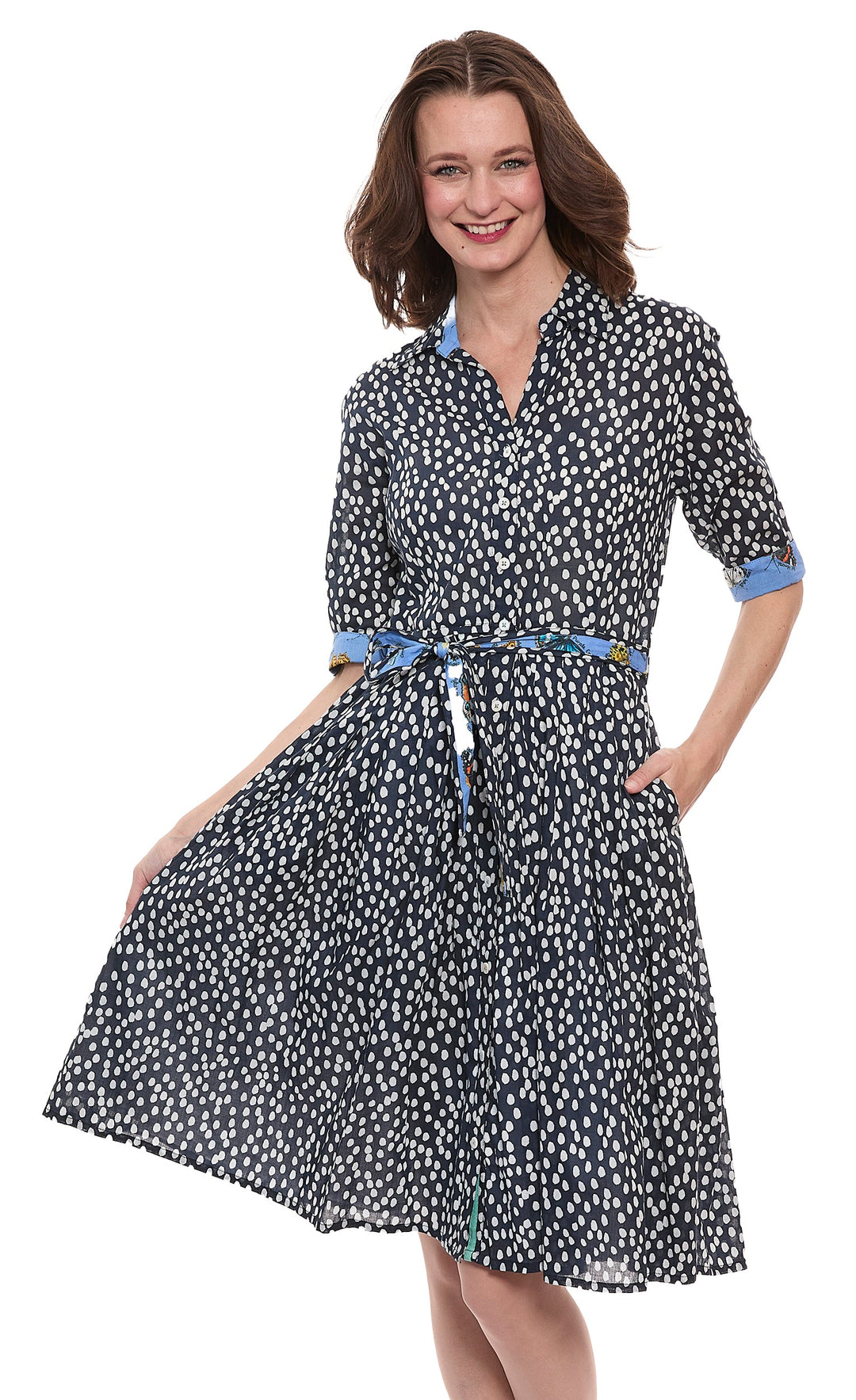 Mrs Maisel Dress Navy White Polka Dot Print Cotton Voile