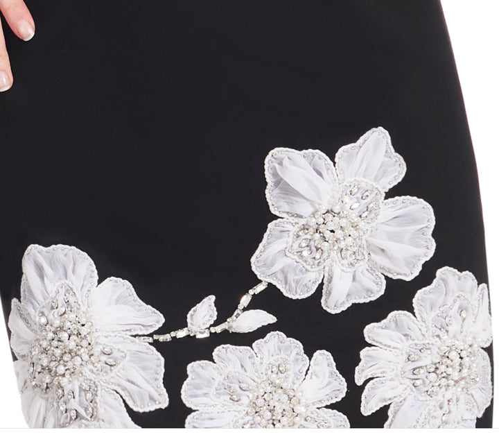 SLEEVELESS STRETCH CREPE DRESS WITH FLOWER APPLIQUE BLACK/IVORY