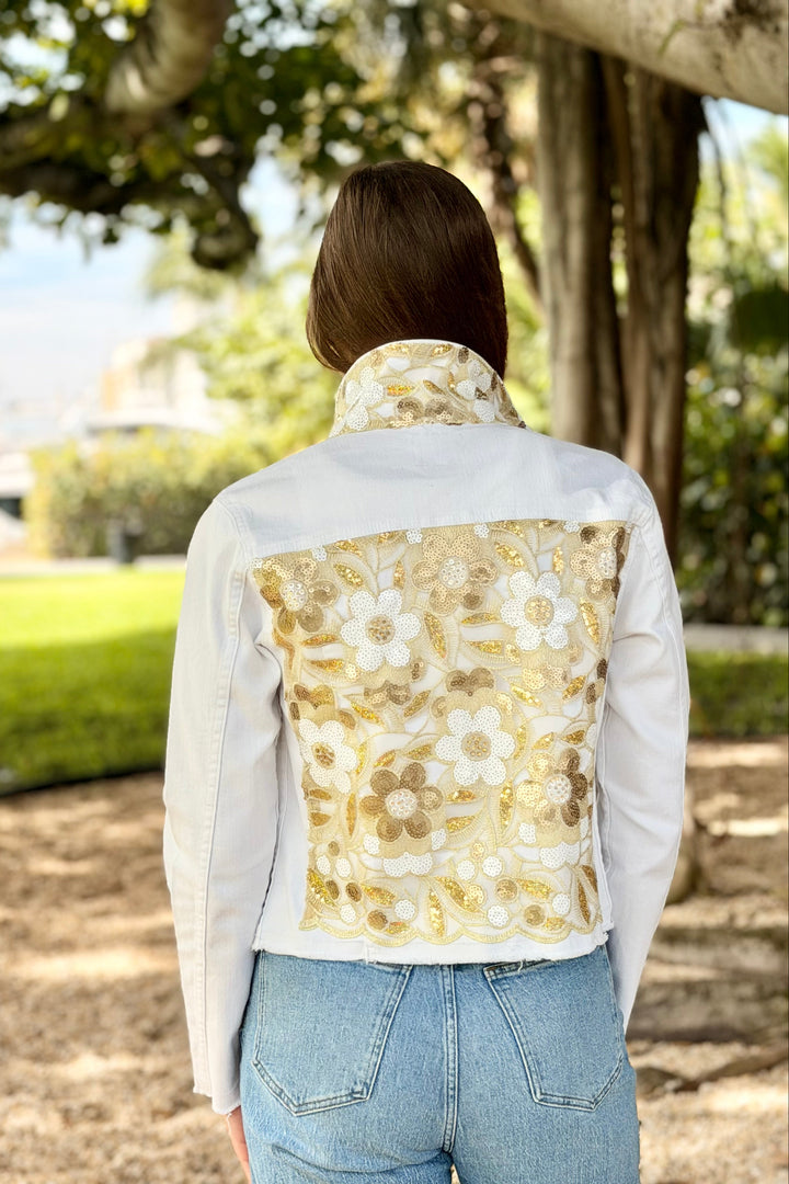 The White Denim Jacket / Gold Sequins