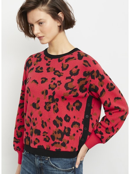 Animal Print Sweater with Button Detail in Red
