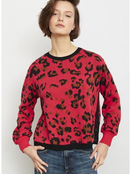 Animal Print Sweater with Button Detail in Red