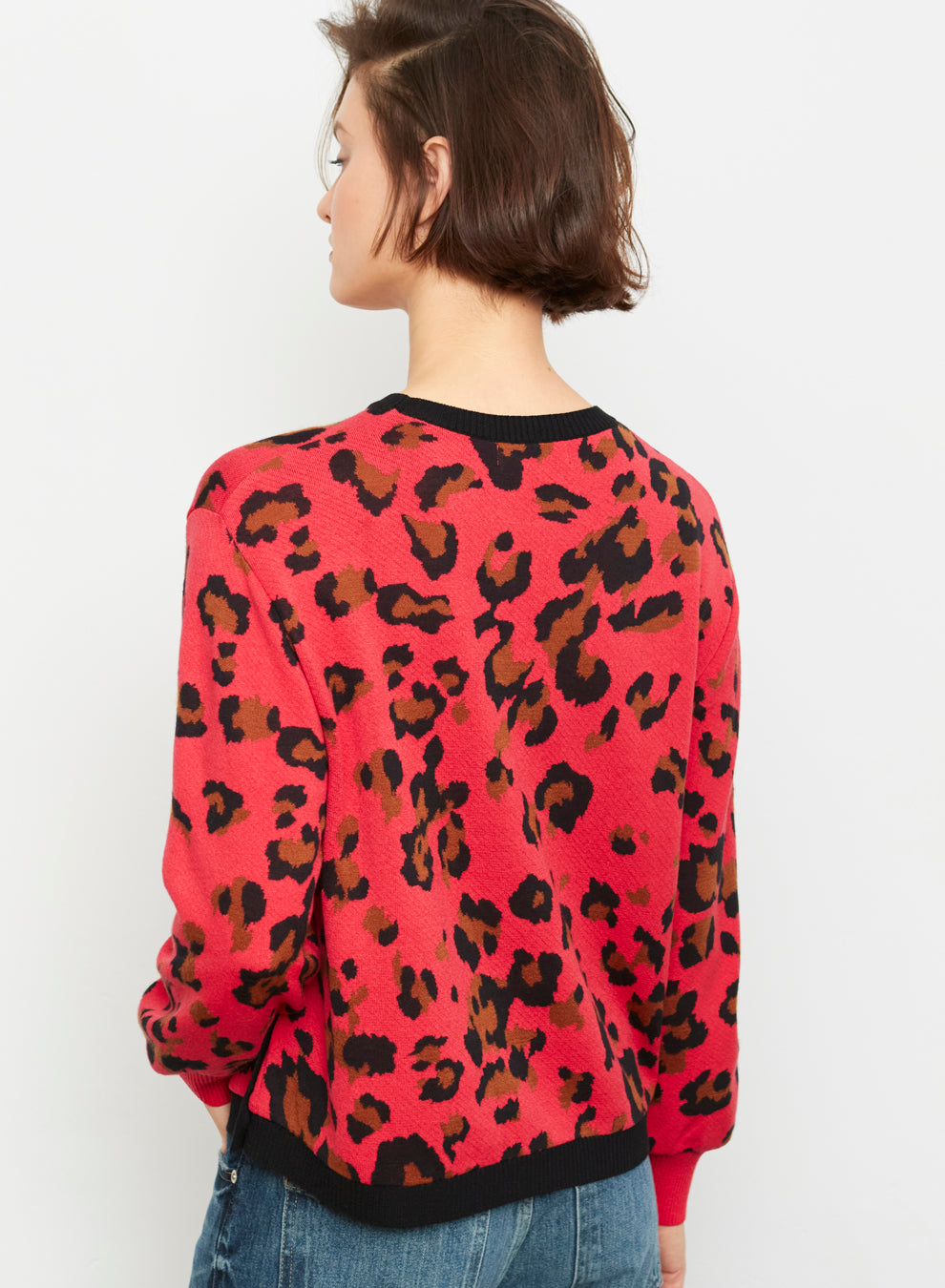 Animal Print Sweater with Button Detail in Red