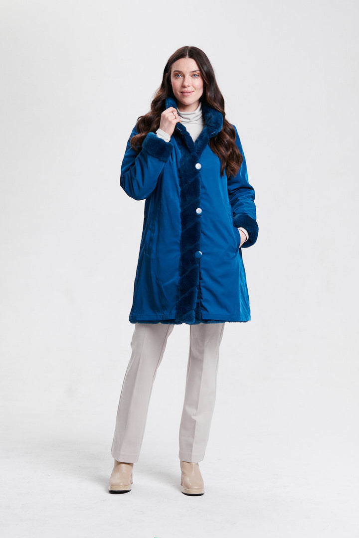 Nikki Jones Reversible Faux Fur Coat in Teal