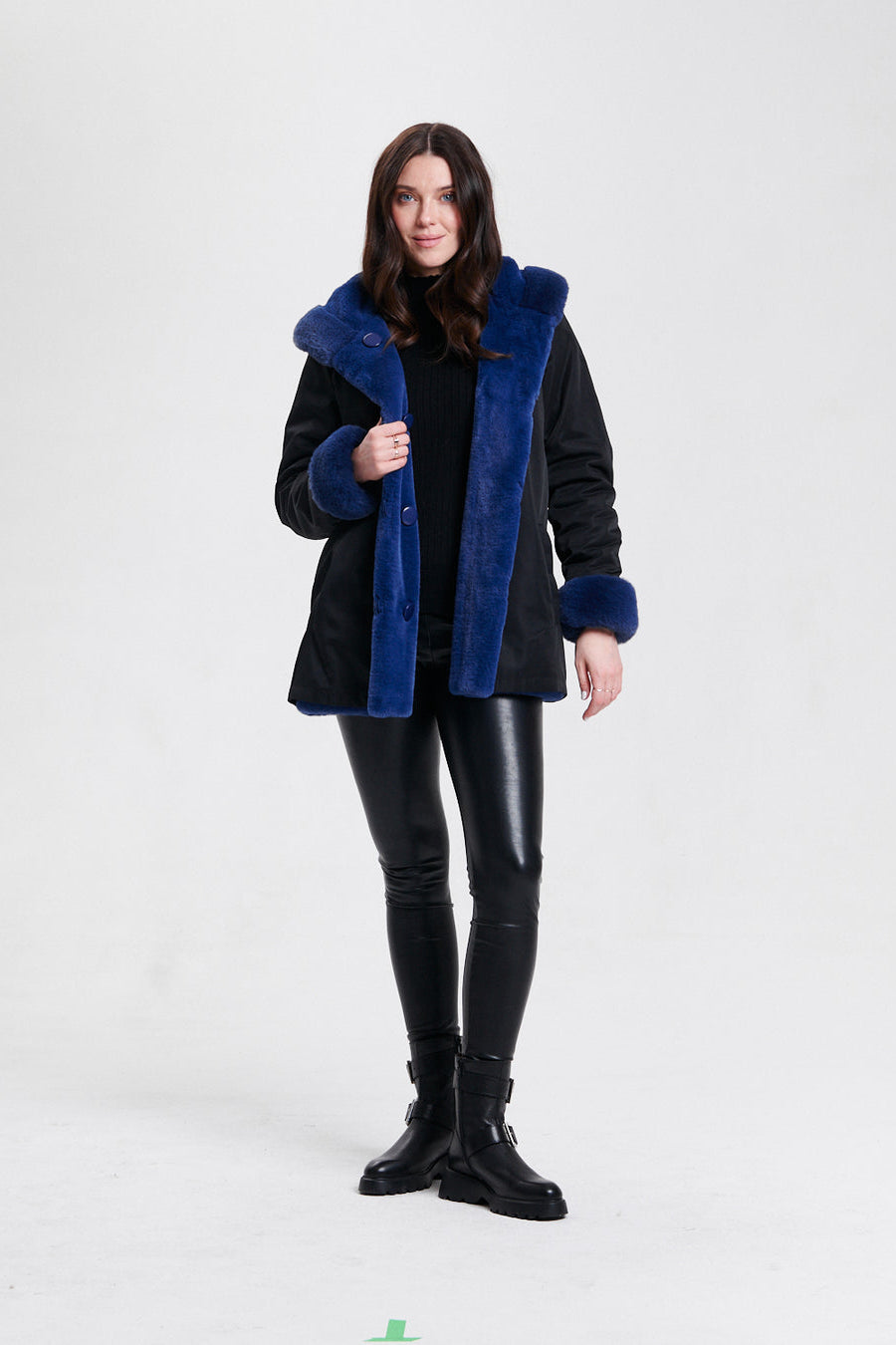 Nikki Jones Reversible Hooded Faux Fur Coat in Sapphire/Black