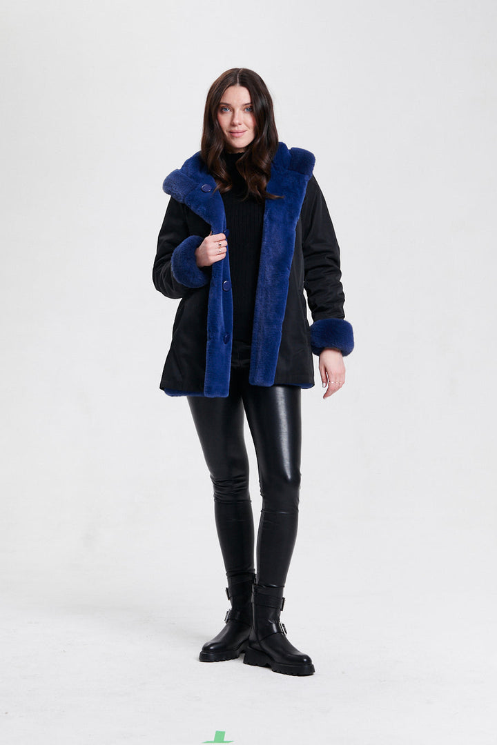Nikki Jones Reversible Hooded Faux Fur Coat in Sapphire/Black